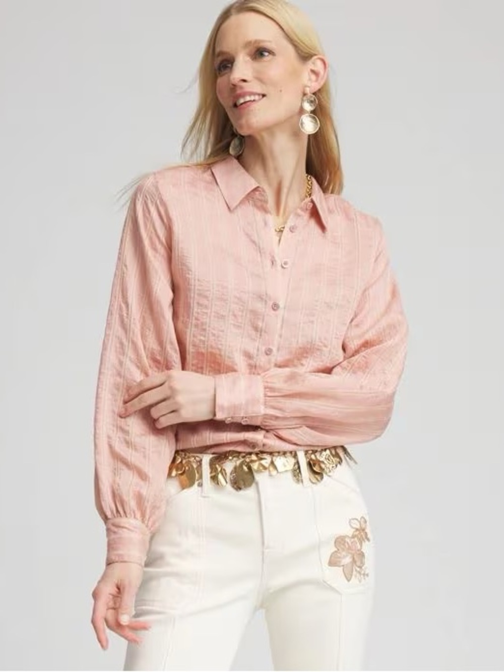 CHICO’S NEW 2.5 Classic Soft Button Front Blouse French Blush Feminine 14 XL L
